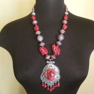 Silver Red Magnesite Southwest Statement Necklace